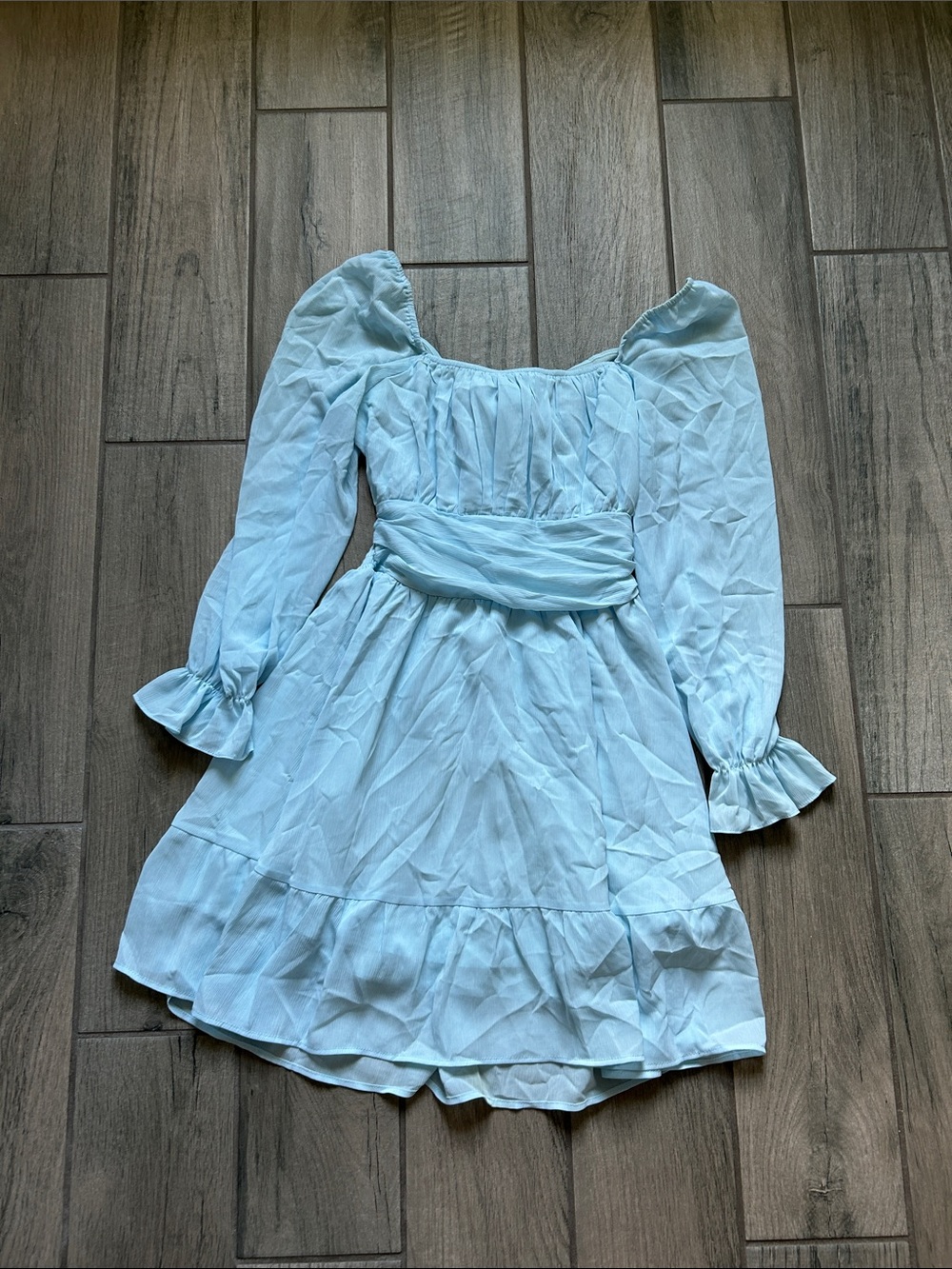 Light Blue Puff-Sleeve Mini Dress with Waist Sash